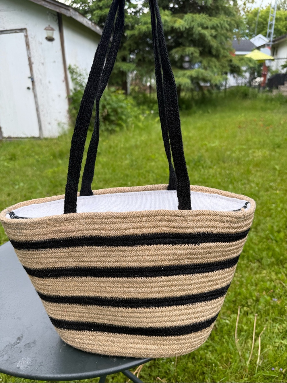 Jute Striped Natural & Black Straw Tote Bag(New)